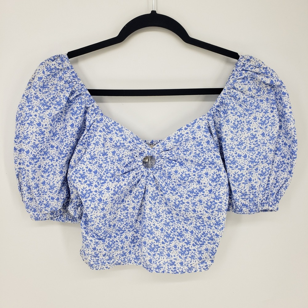 Sim & Sam Floral Puff‎ Sleeve Smocked Cropped Top Cottagecore Blue White Size S